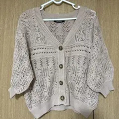 one way 透かし編みニットカーディガン ベージュ 五分袖 夏服のサムネイル