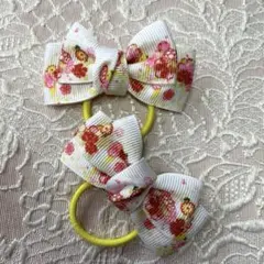 和柄花柄リボン ヘアゴム 2個セット