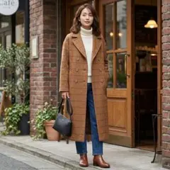 G7417*アングリッド☆ロングコート☆ブラウン☆M☆ダブル☆ウール☆ツイード