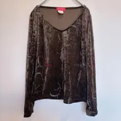 WO HOP 刺繍入りブラウン長袖トップス ベロア生地