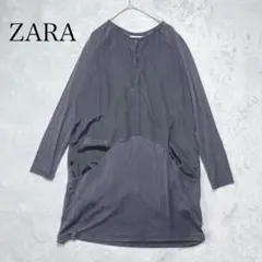 ZARA WOMAN 切替ワンピースM 黒 サテン×ジャージー コクーンバルーン