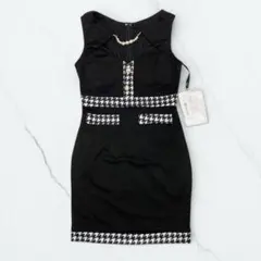 DAZZY デイジーストア ノースリーブ千鳥格子パールチェーンタイトミニドレス