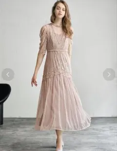 レース×ドットチュールティアード切替え フレア ロング 結婚式 ワンピース