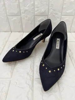 DIANA パンプス 23.5cm ネイビー レーススタッズ ポインテッドトゥ
