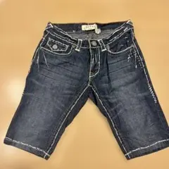 VAZOOKA デニムショーツ 刺繍×ラインストーン インディゴ ワイド