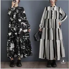 大きいサイズ新品ゆったり ロングワンピース ストライプ フリル 黒秋冬長袖✌