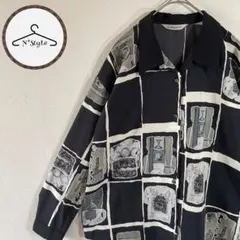 モノトーンシャツ　L ブラック　アート柄　総柄シャツ　古着