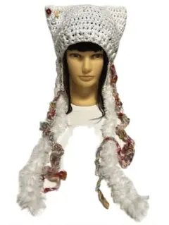 ‼️最終値下げ‼️白猫 猫耳ニット帽 ネコ耳帽子 ハンドメイド 帽子 No.2