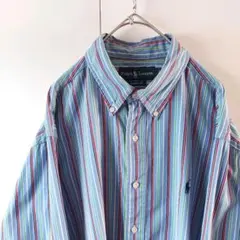 90s ラルフローレン マルチストライプ ポニー刺繍 BD シャツ L 青