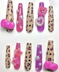 ネイルチップ ギャル 平成 y2k レオパード ヒョウ柄 派手 ゴテゴテ リボン