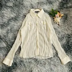 Luacue ルアキュ (L) ストライプ柄シャツ 長袖 刺繍デザイン 白