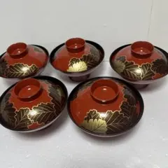 漆器 椀 5個セット 赤 葉模様 金彩
