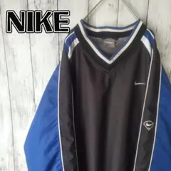 NIKE　Vネック　ナイロンプルオーバー　黒　青　白　刺繍ロゴ　切り替え　L