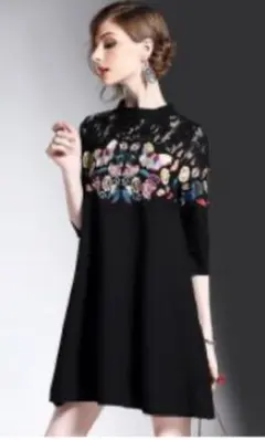 刺繍入り黒の七分袖ワンピース　チャイナドレス　パーティードレス