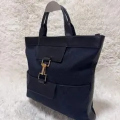 GUCCI グッチGGキャンバス レザー 本革トート バッグ　ゴールド金具