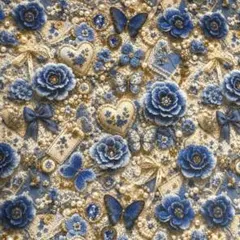1m 冬新柄　ニットロリータアンティーク風 デニム調薔薇蝶刺繍ハートプリント生地