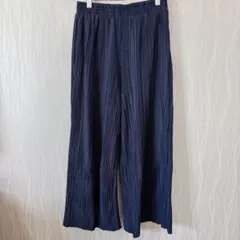 プリーツ ワイドパンツ【L】ネイビー ウエストゴム 楽ちん リラックス 上品