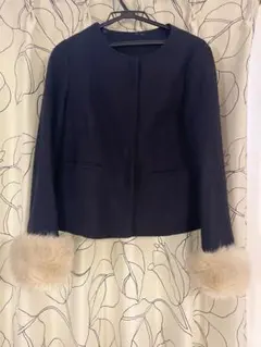 ノーカラーコート ファー2way ネイビー