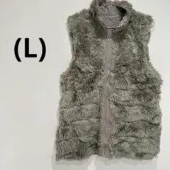 古着✨グレー ファー ジップアップベスト[L]