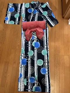 数回着用　青と緑の円模様 浴衣セット 帯付き