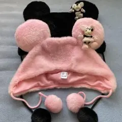 【ディズニー】ミッキー&ミニー　フリース帽子 ピンク・黒 ぬいぐるみ付き