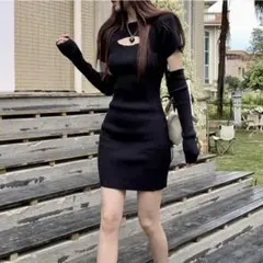 shein オフショルダー ブラック ニットワンピース 黒