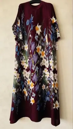 新品✨花柄アコーディオンワンピース 七分袖 マキシワンピース