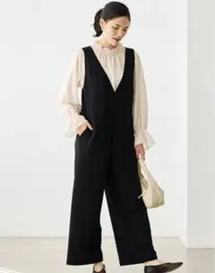 UNITED ARROWS グリーンレーベル 黒 サロペット 背中リボン付き