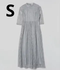 LACE LADIES 七分袖 総レースフォーマルロング ドレス ブルーグレーS