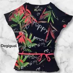 【美品】Desigual 半袖チュニック 葉柄 フラワープリント ウエストリボン