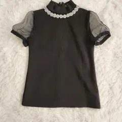黒 シースルー袖 ビーズ付きハイネックトップスのサムネイル