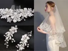 3点セット！ウェディングベール 2層ベール ヘッドドレス&イヤリング（ピアス