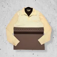 70sヴィンテージニットポロシャツ長袖切り替えレトロ茶モカベージュカナダ製古着L