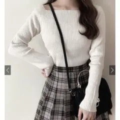 スクエアネックリブニットトップス　rut072 L オフホワイト