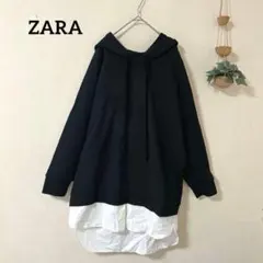 ZARA M フェイクレイヤード ロングパーカー リブ ゆったり チュニック