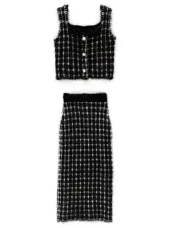 GRLシャギーニットチェック柄トップスXタイトスカートセットアップ[dr491]