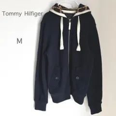 【トミーヒルフィガー】パーカー 紺 M チェック フルジップ 毛混 フーディ 春