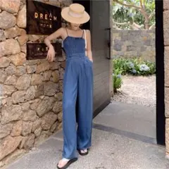 オーバーオール レディース デニム ハイウエスト オフショルダー ワンピース