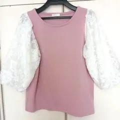 ピンク レースバルーンスリーブ トップス