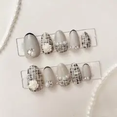 白黒グレーツイード 秋冬 モノクロ ビジュー 韓国 ネイルチップ