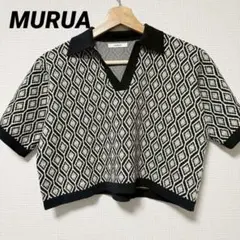 MURUAモノグラム ハーフスリーブニット ポロシャツショート丈レトロ Free