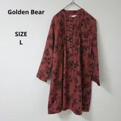 Golden Bear 花柄チュニック　シャツワンピース　朱色　七分袖　L