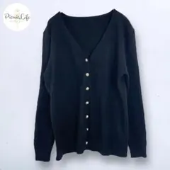 美品 パールボタン Vネック長袖カーディガン ブラック ミドル オフィス 無地