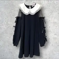 アンクルージュ ワンピース レース フリル リボン 裏起毛 黒 膝丈 襟