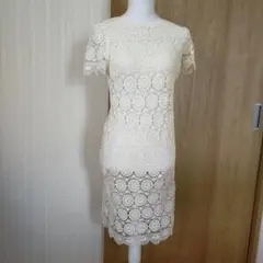 アイボリー レース 半袖 ひざ丈ワンピース