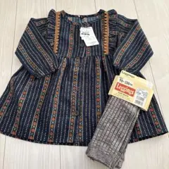 新品未使用　ネイビー ストライプ柄 ワンピース レギンスセット 90-100cm