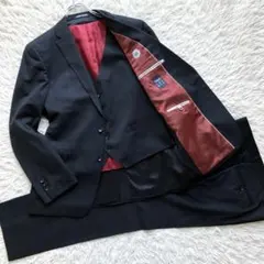 【美品 希少サイズL スリーピース】パーソンズ　スーツ　黒　ストライプ　レッド