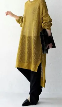 【値引き中】antiqua 新品 透かし編みロングニット メッシュ マスタードのサムネイル