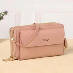 スマホショルダー 財布 ポーチ 韓国風 大容量 PUレザー ピンク