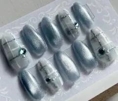 ライトブルー マグネット&チェック柄　 ネイルチップセット